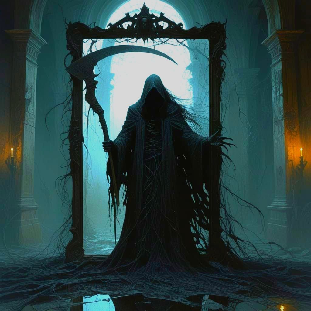 Spectral Demon With Scythe in Gothic Mansion