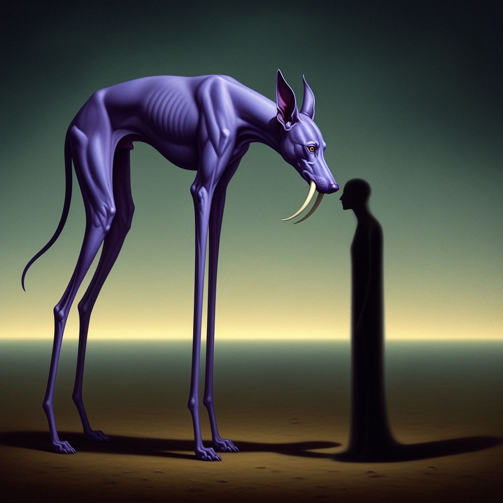 Surreal Violet Dog with Tusks and Shadow Figure