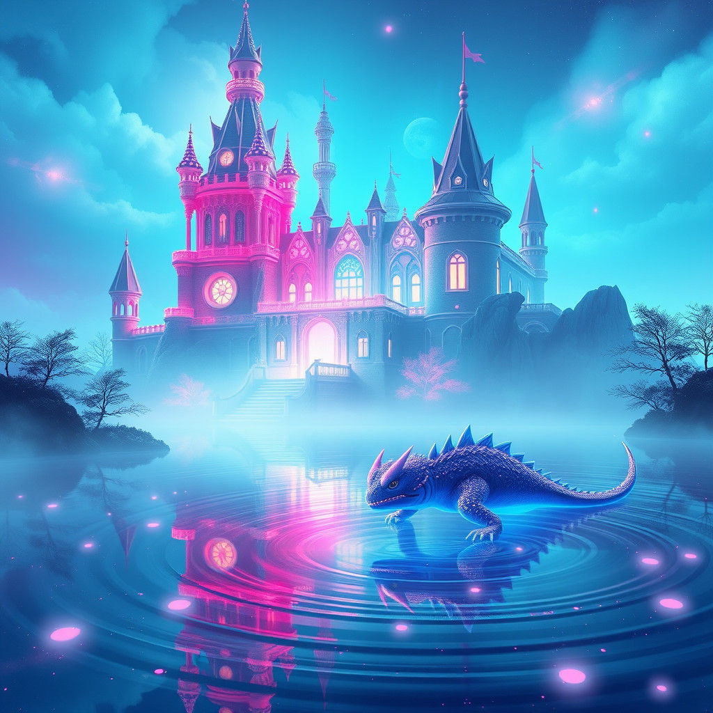 Mystical Rose Castle with Luminescent Monster in Synthwave S...