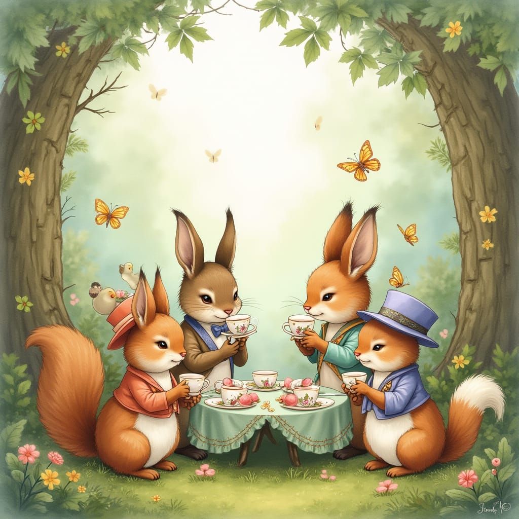 Enchanted Tea Party with Animals in Watercolor Style