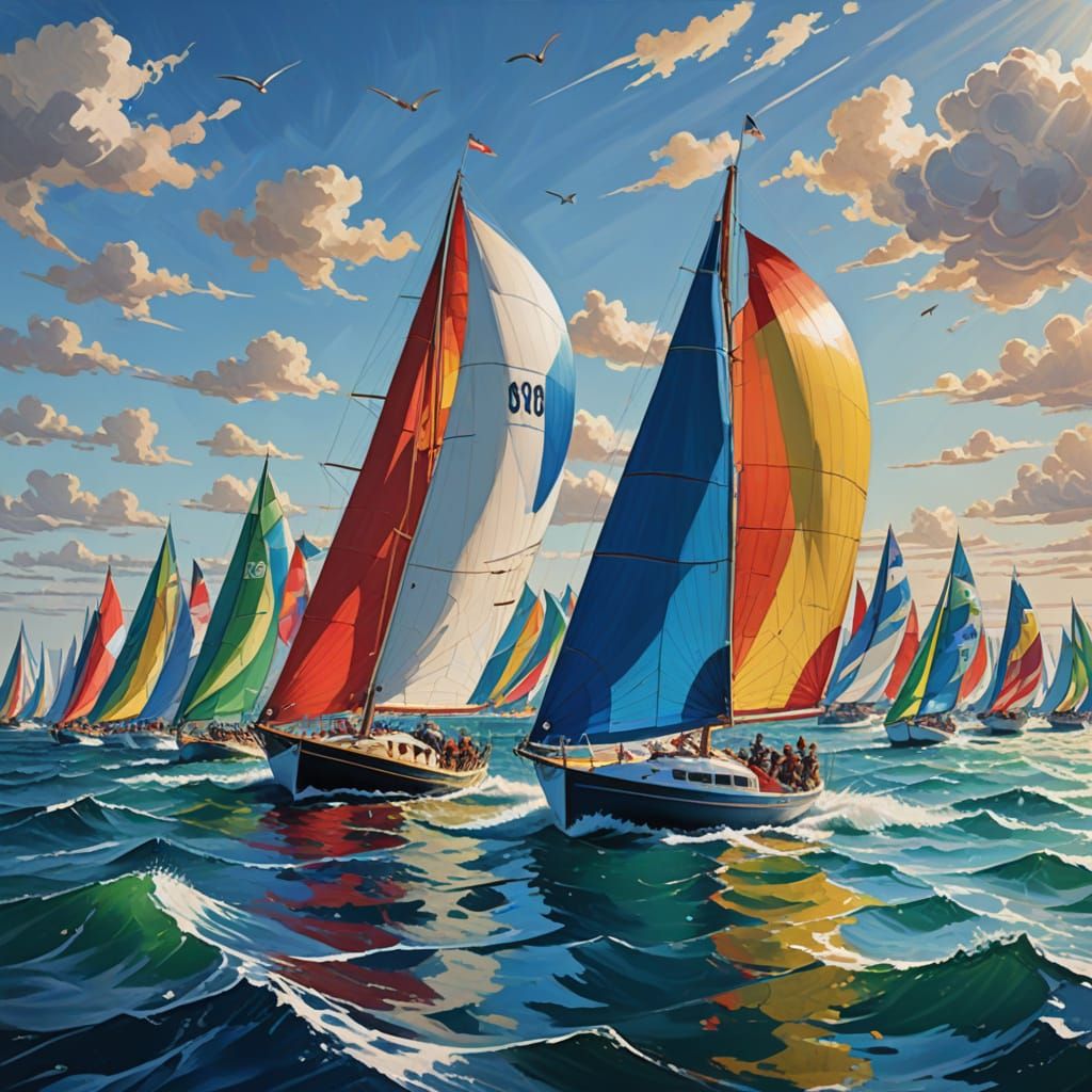 Vibrant Sailing Scene in Expressive Impasto Gouache Style