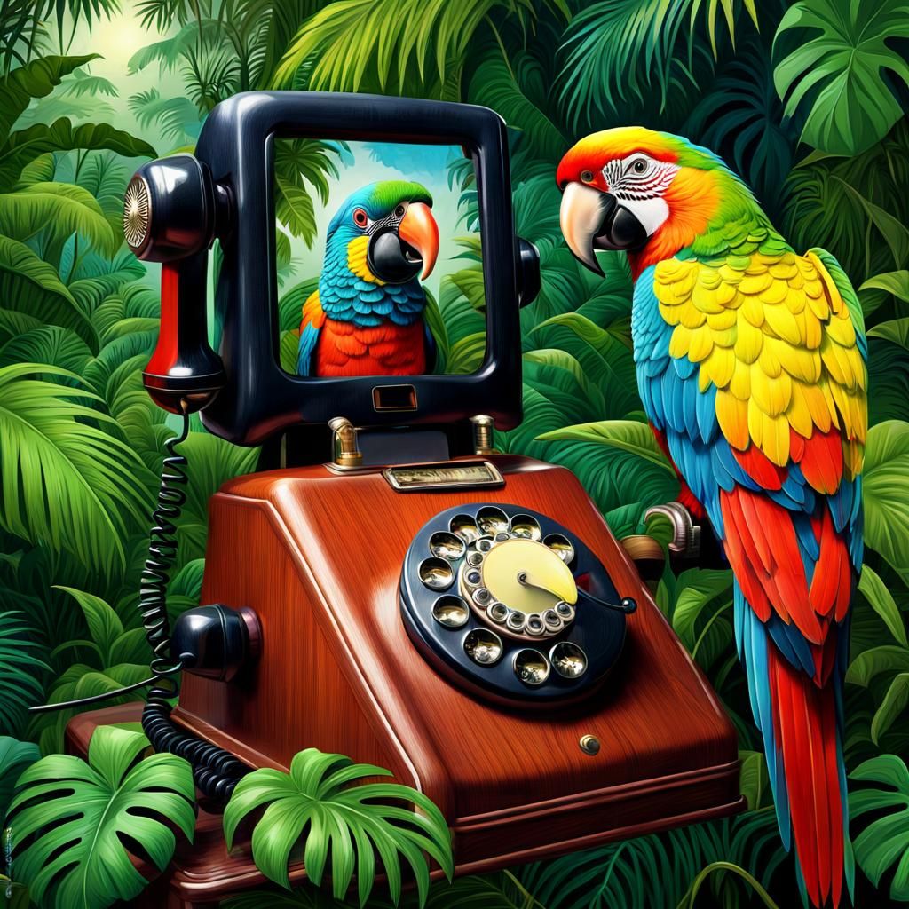 Parrot on a Vintage Telephone in Jungle