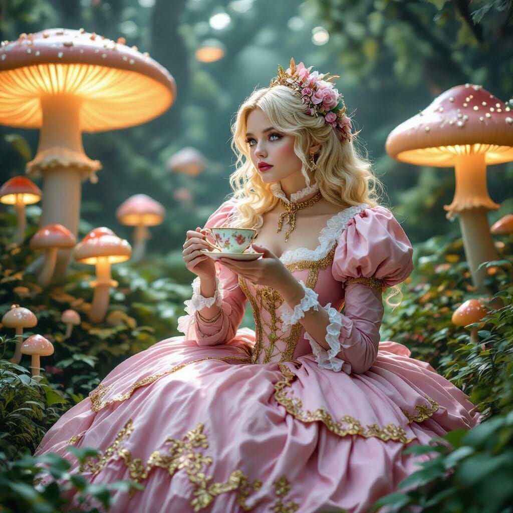 Blonde Alice in Victorian Gown in Bioluminescent Garden