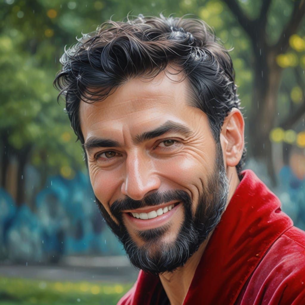 Friendly Man in Vibrant Red Velvet Robe