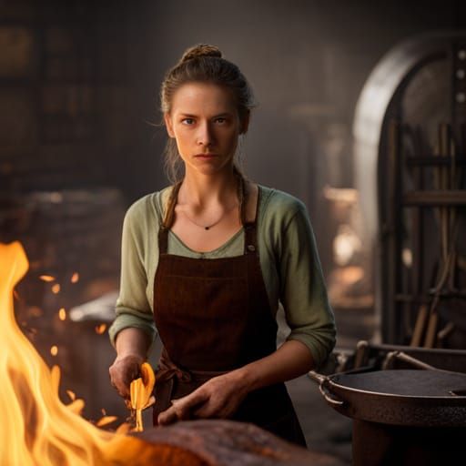 Medieval Woman Blacksmith Portrait in Detailed Matte Style