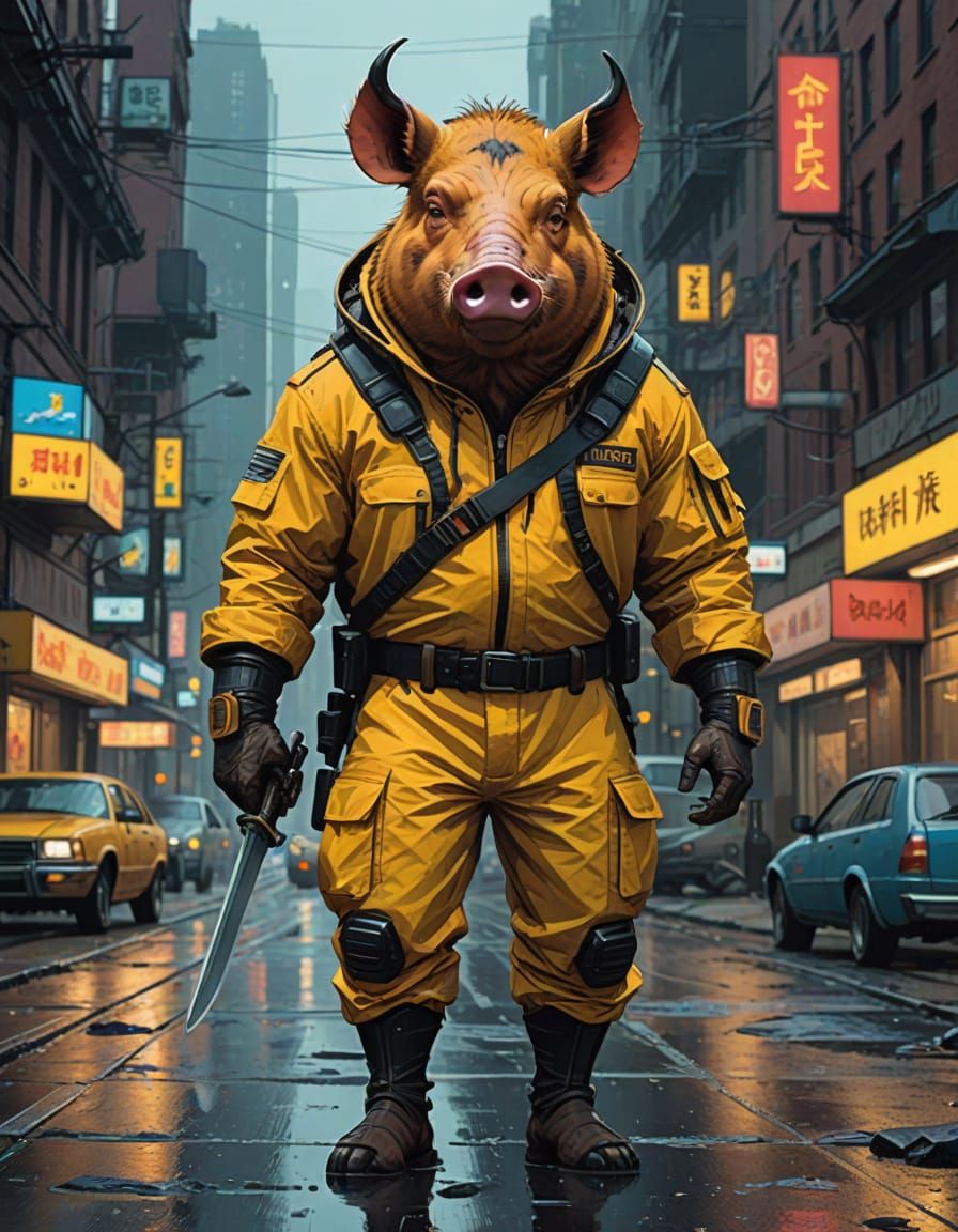 Warthog Samurai in Vibrant Yellow Tracksuit