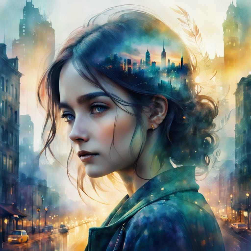 Ethereal Cityscape Portrait in Dreamy Watercolor Style
