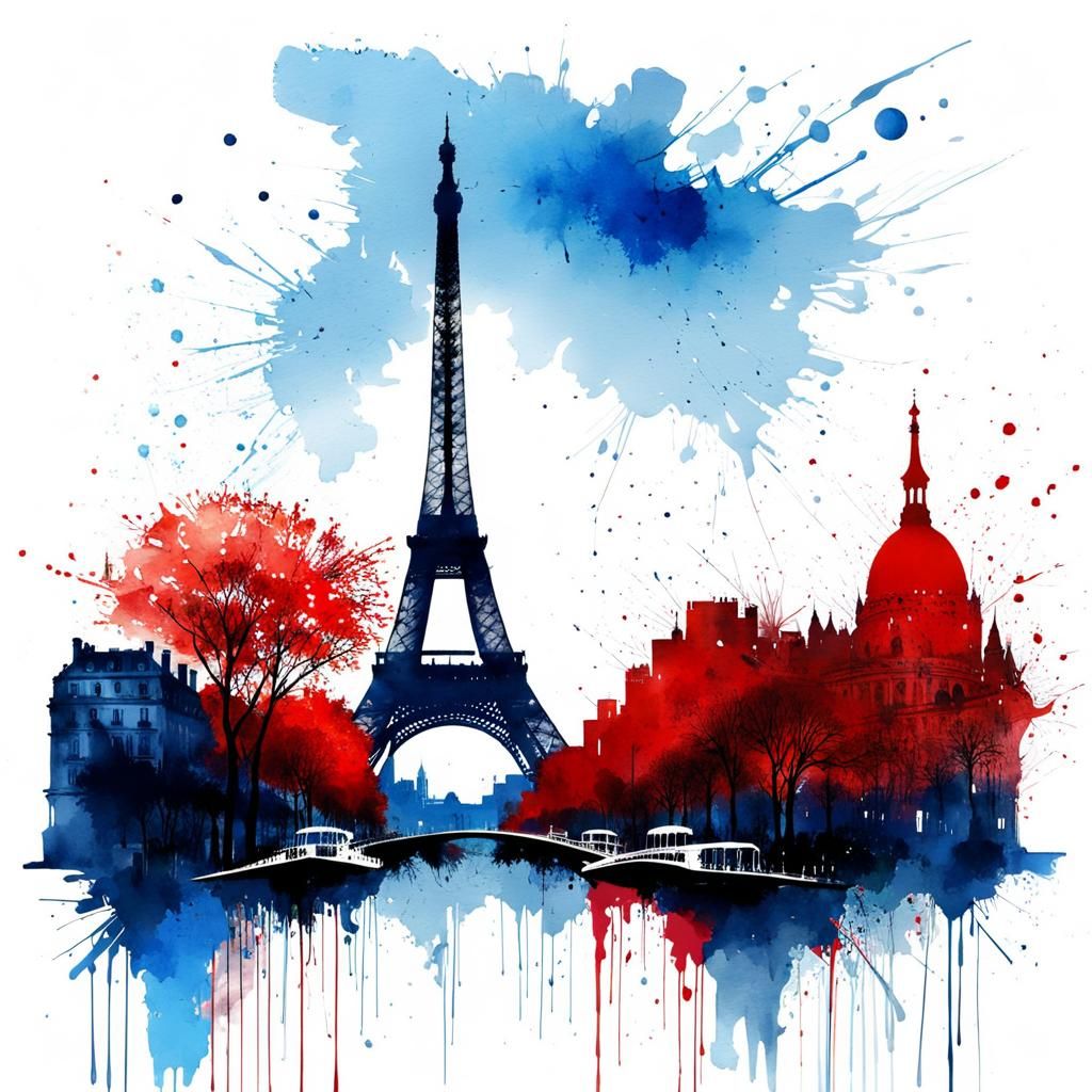 Paris Landmarks in Watercolour Splash Art