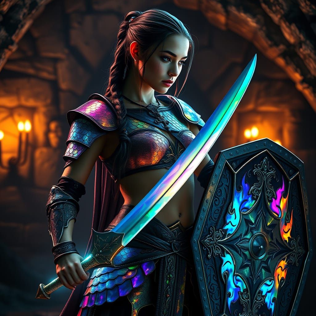 Medieval Warrior in Prismatic Rainbow Armor, Inspired by Cin...