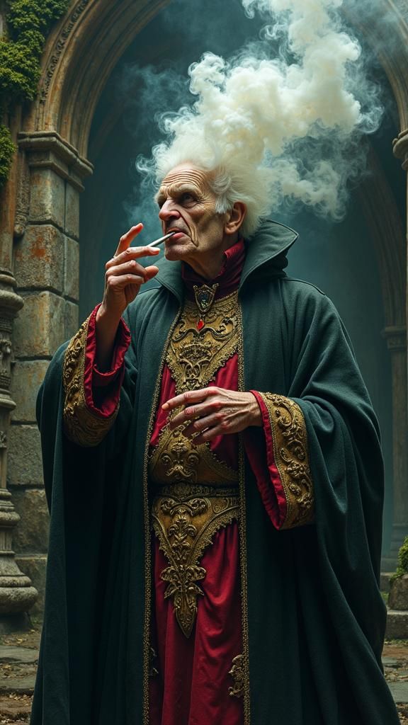 Sinister Vicar Smoking a Joint in Dark Surrealism