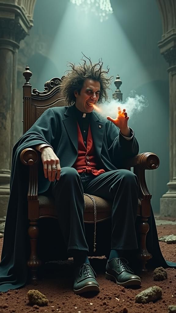 Menacing Vicar Enthroned in Ruined Church