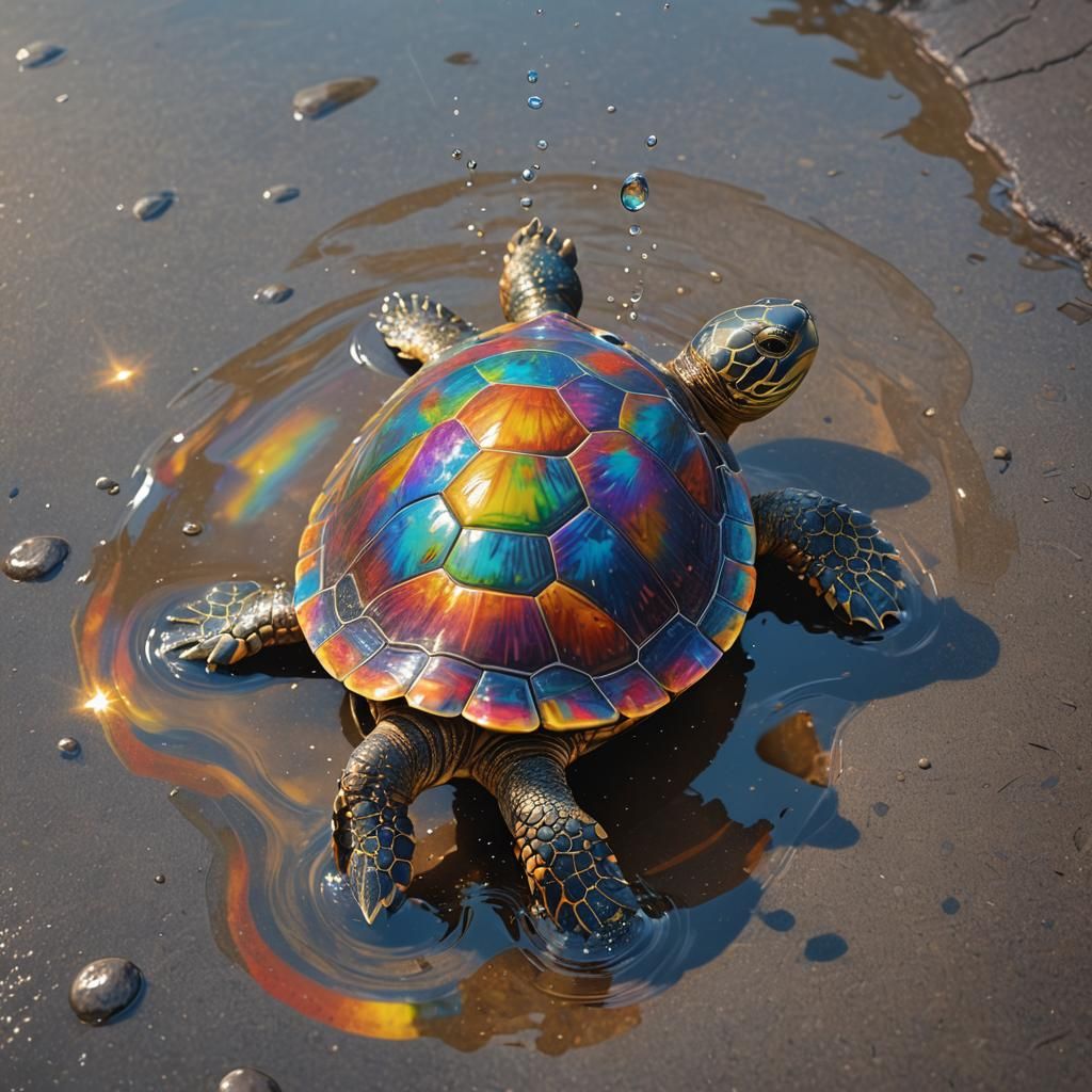 Rainbow Turtle Walks Through Sparkling Puddle