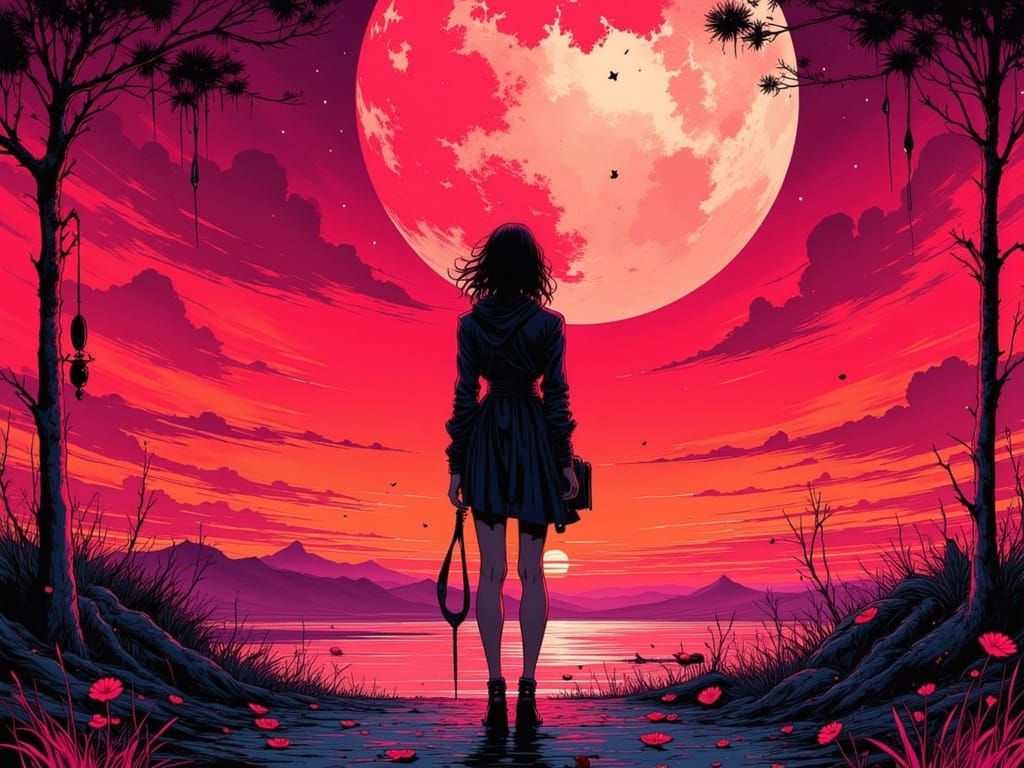 Woman in Neon Moonlight with Ink Splatters