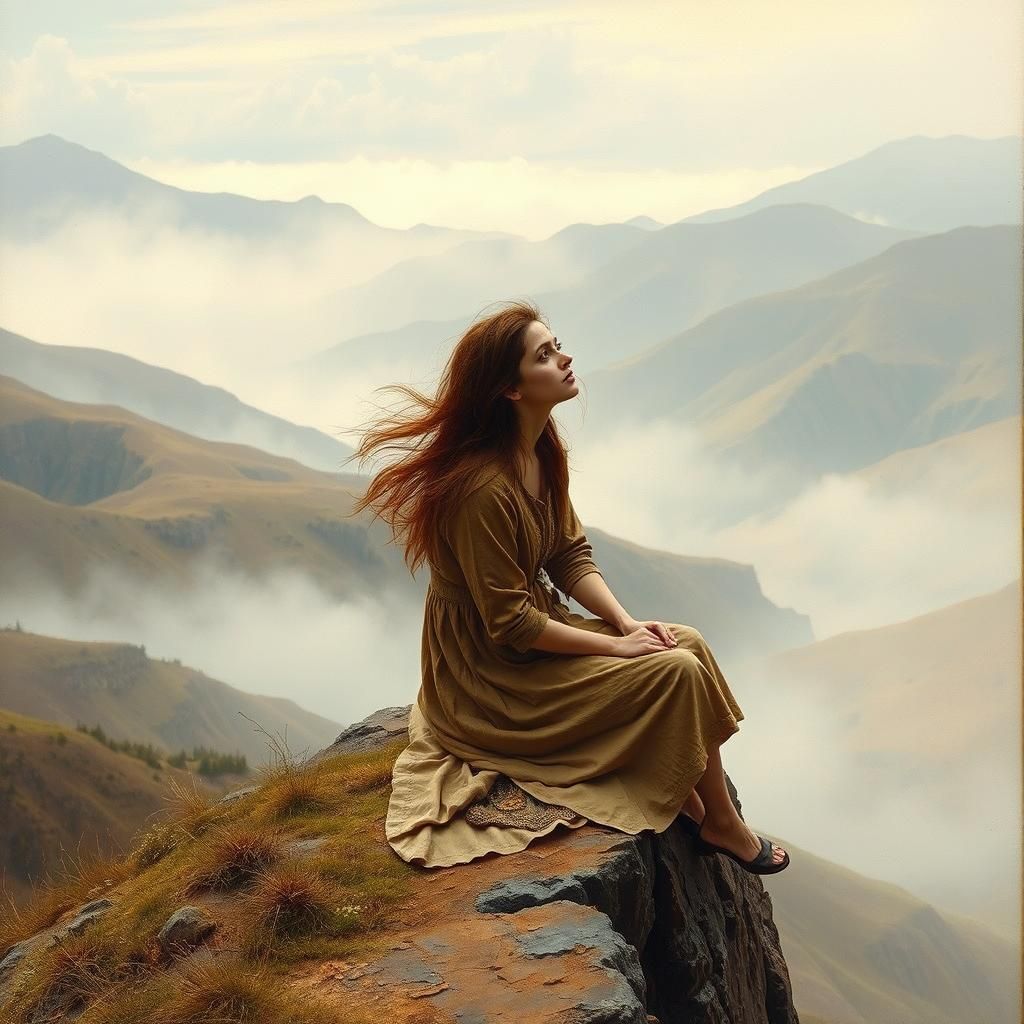 Woman Contemplates Serene Landscape in Mystical Realism