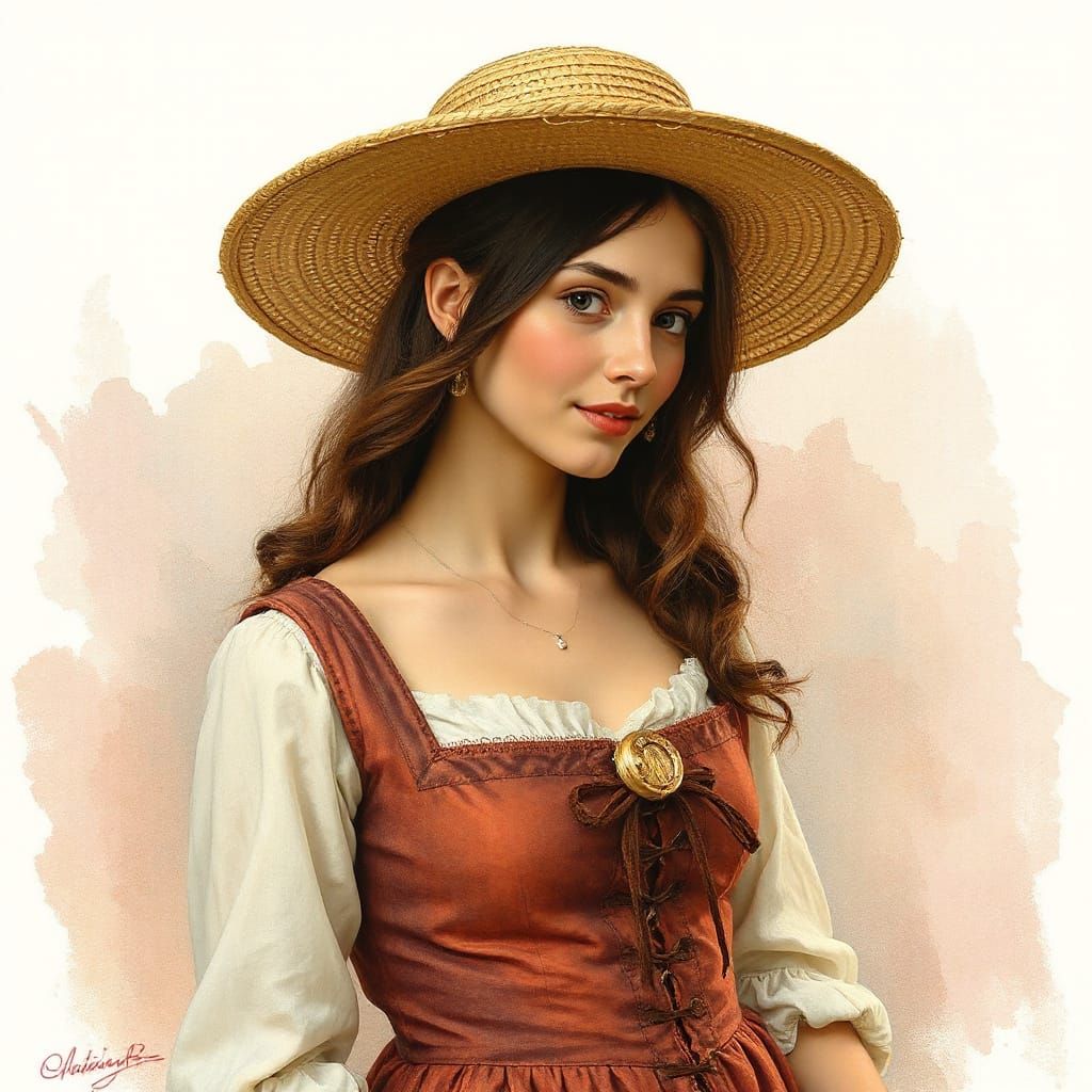 Elegant Woman in Straw Hat with Watercolor Background