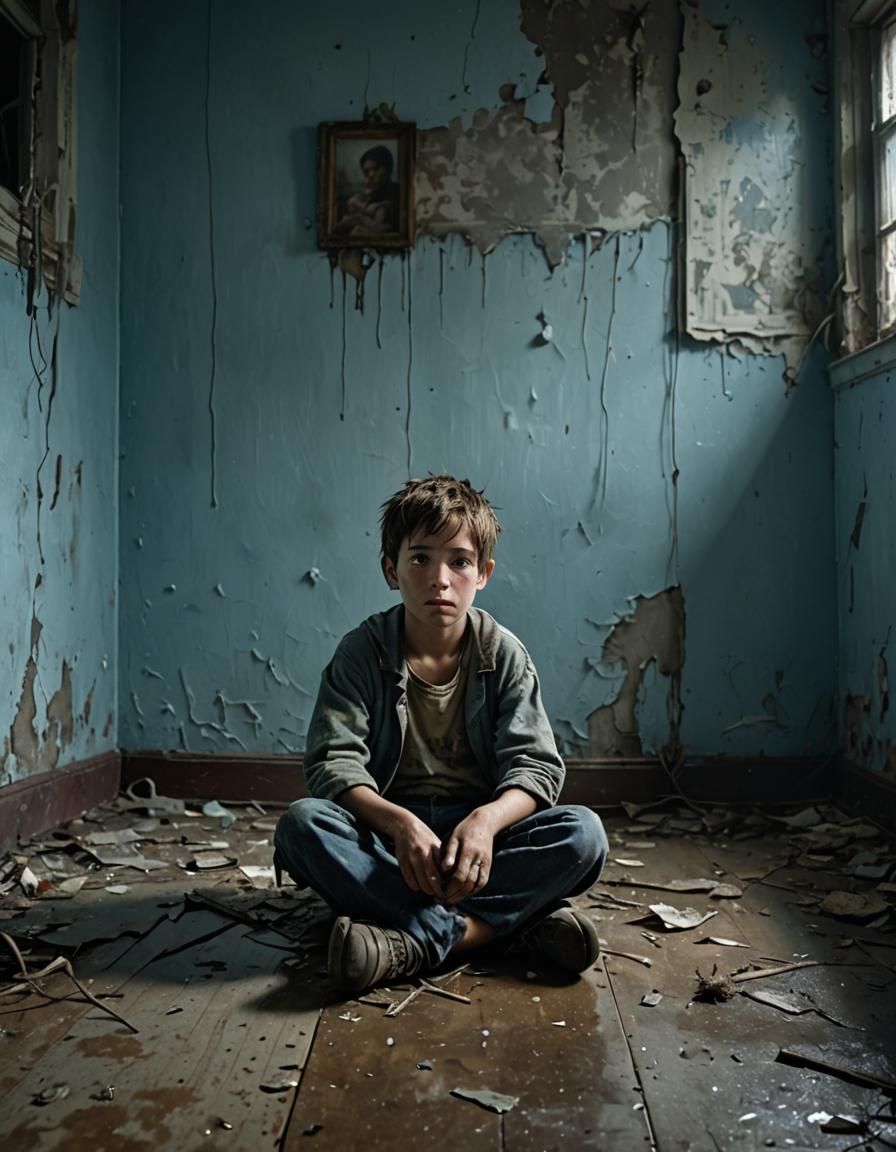 Chilling Scene: Terrified Boy in Abandoned Room