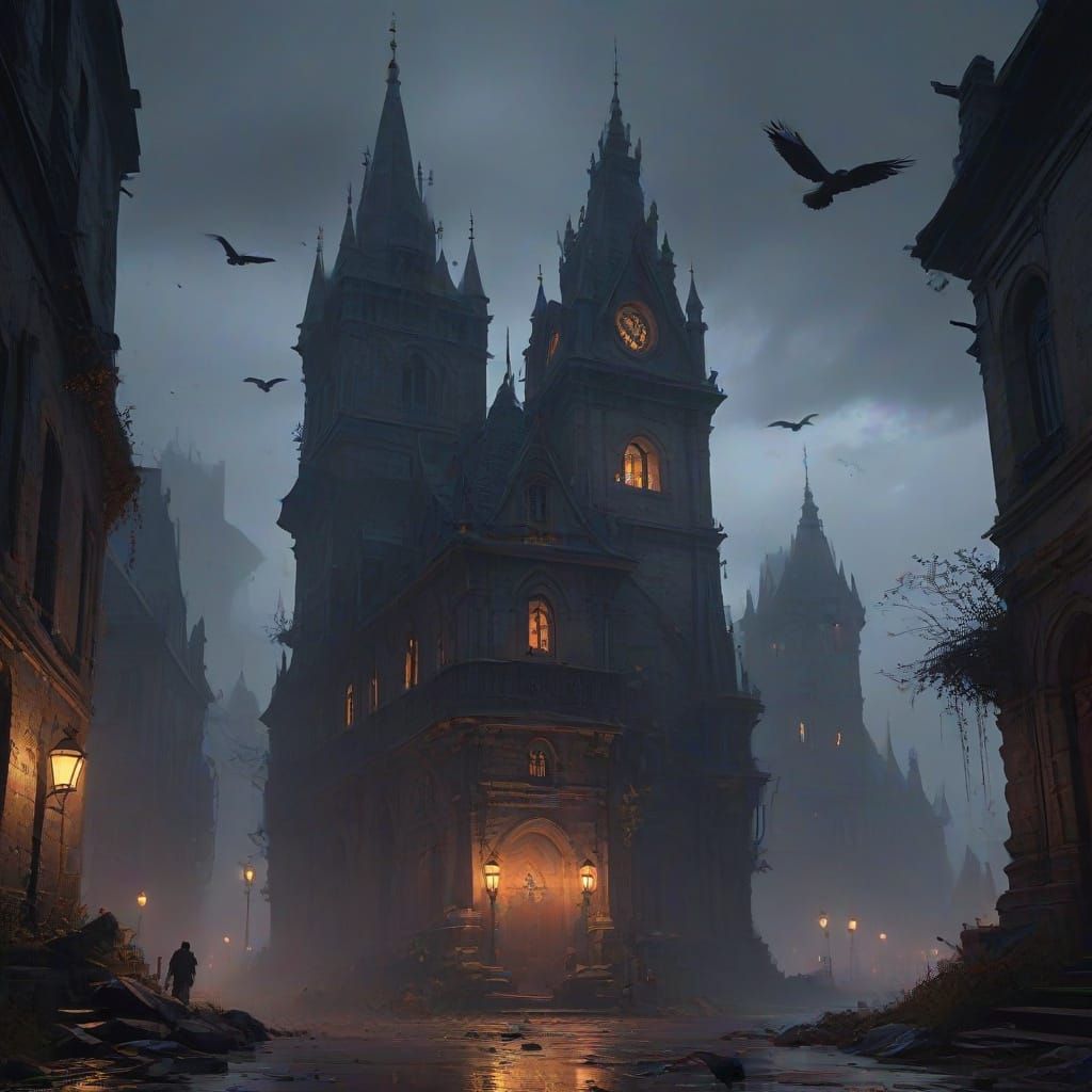 Gothic Crow Cityscape in Dark Fantasy Style