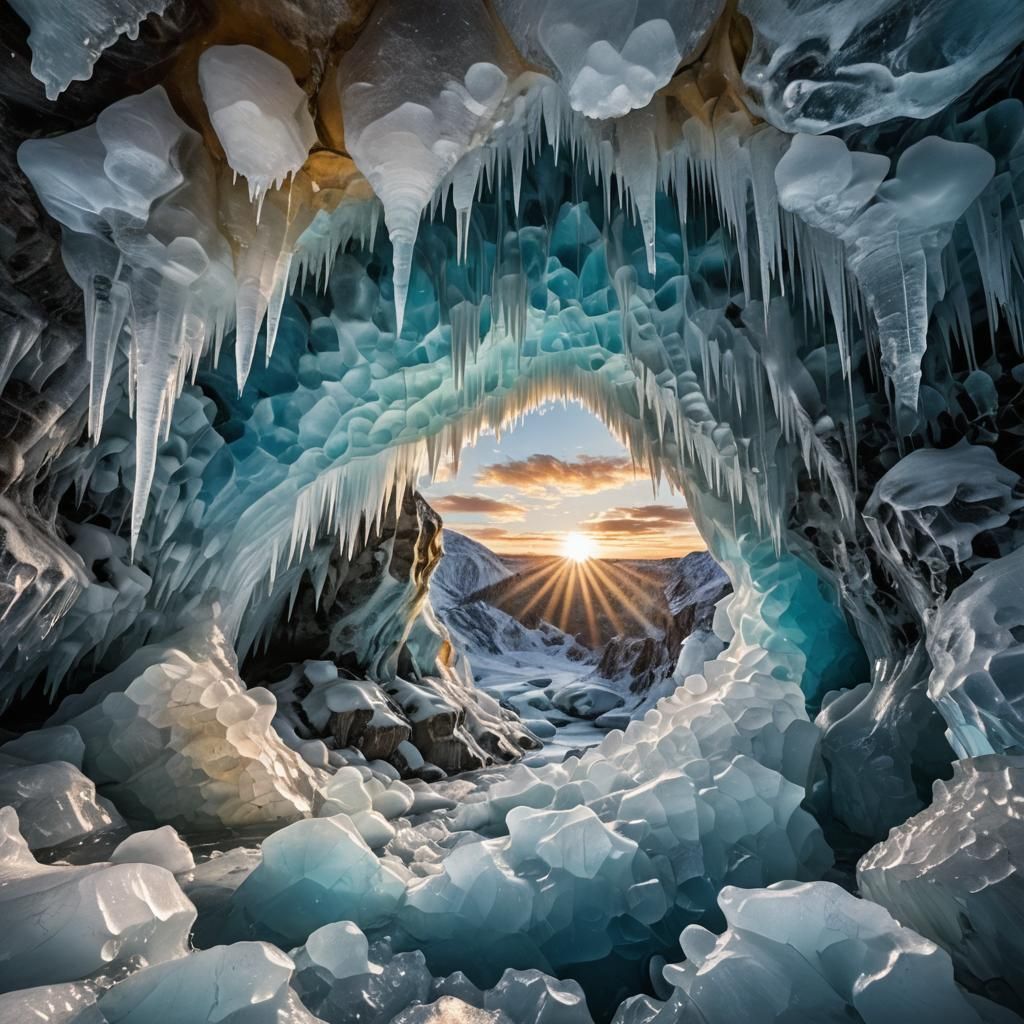 A majestic ice cave adorned with intricate frozen formations, refracting sunlight into a dazzling display of colors