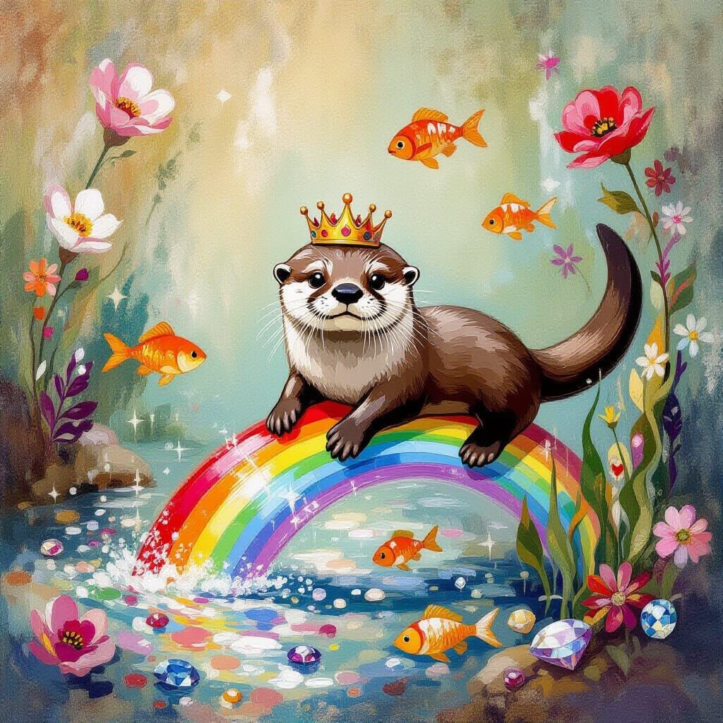 Playful Otter Slides Down Rainbow: Impressionist Painting