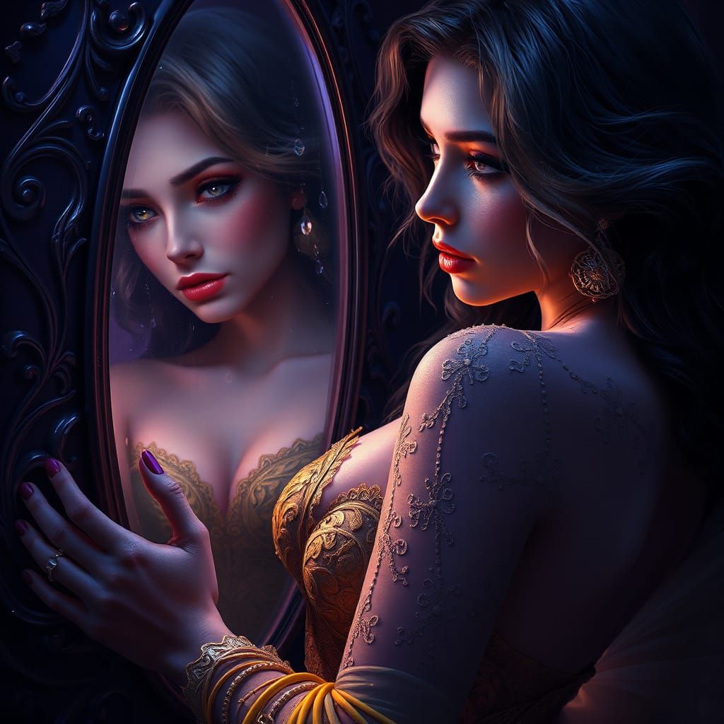 Mystical Reflection: Curvaceous Woman in Hyperreal Portrait