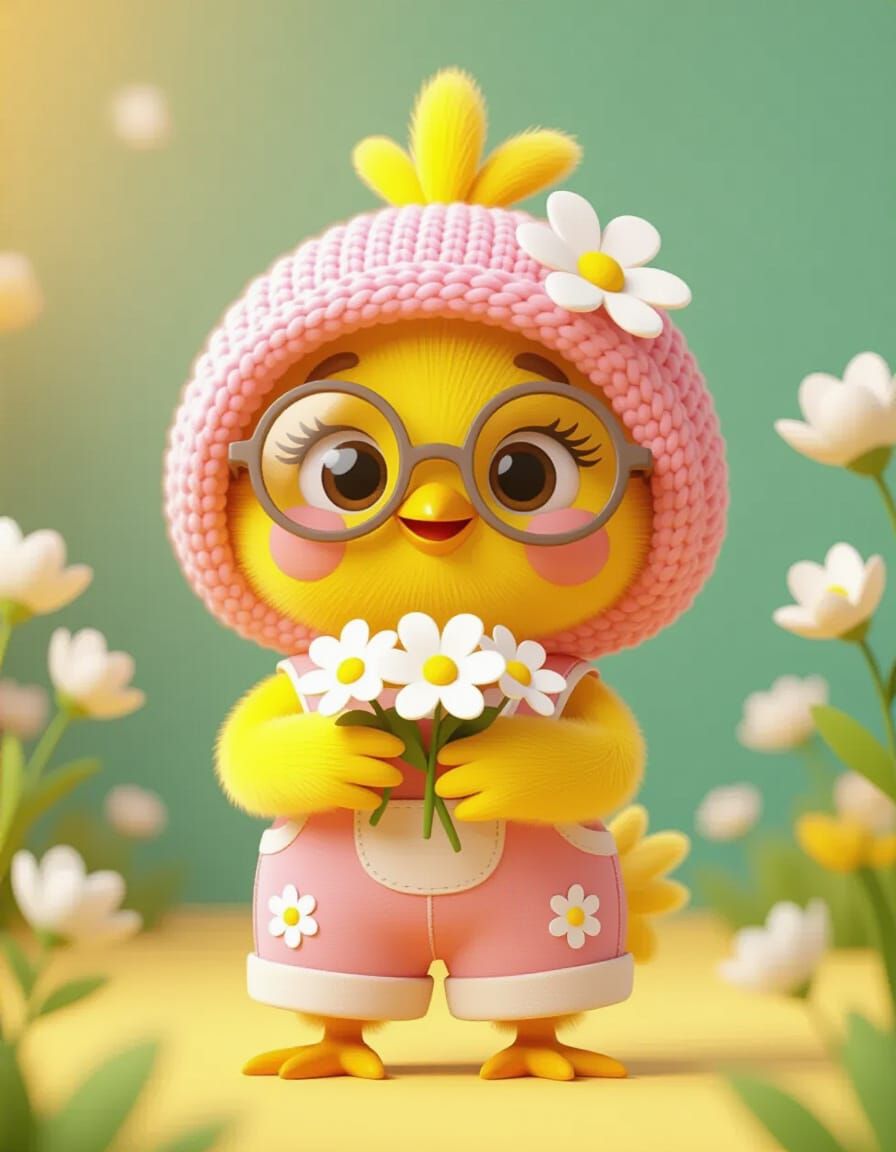 Cute Chick Monster Girl in Overalls, Children's Book Style