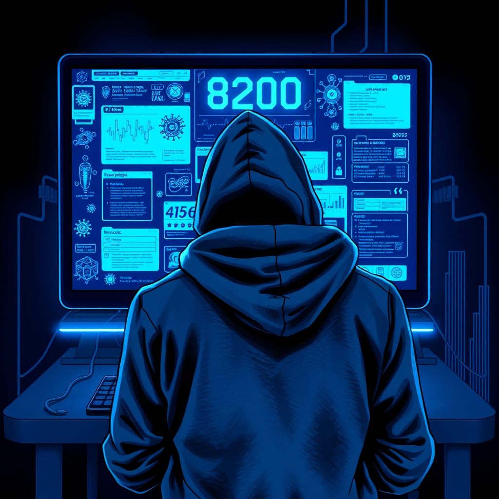 Mysterious Figure at Computer Terminal in Cyberpunk Style