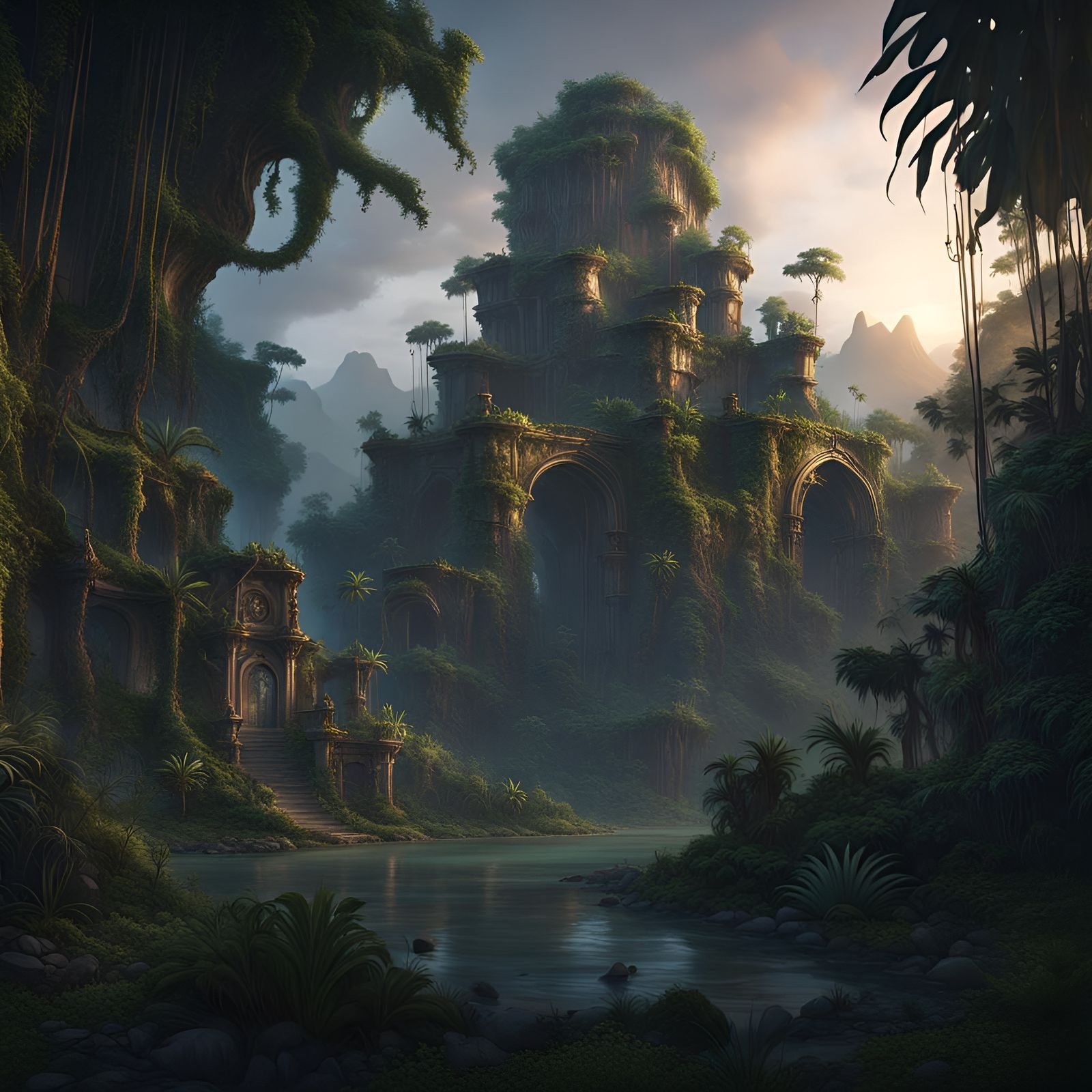 Mysterious Jungle Evening: Detailed Matte Painting