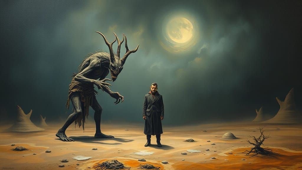 Grotesque Monster in Surreal Desert Landscape, Oil on Canvas