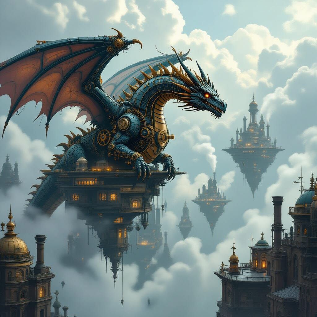 Clockwork Dragon Over Steampunk City