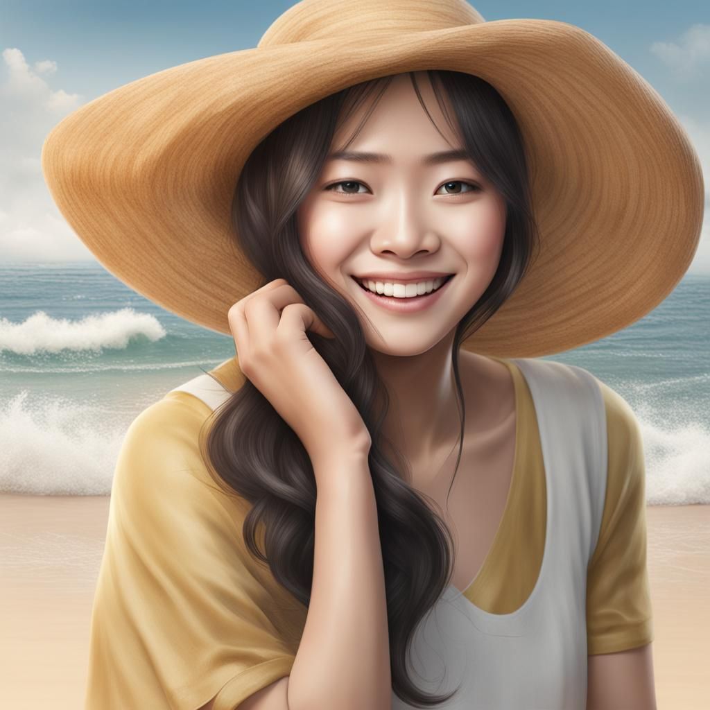 Asian Woman Smiling on Beach at Dawn