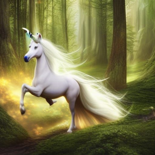 Woman Rides Unicorn Through Forest: Fantasy Art