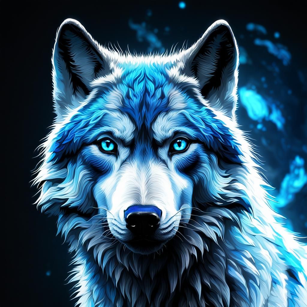 A neon blue and white wolf