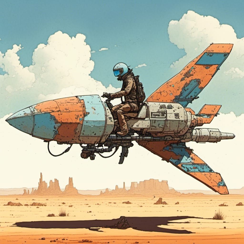 Futuristic Hoverbike in Desert, Moebius Style