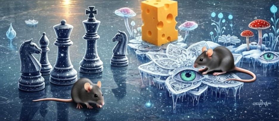 Surreal Astral Chess Scene with Calico Cat