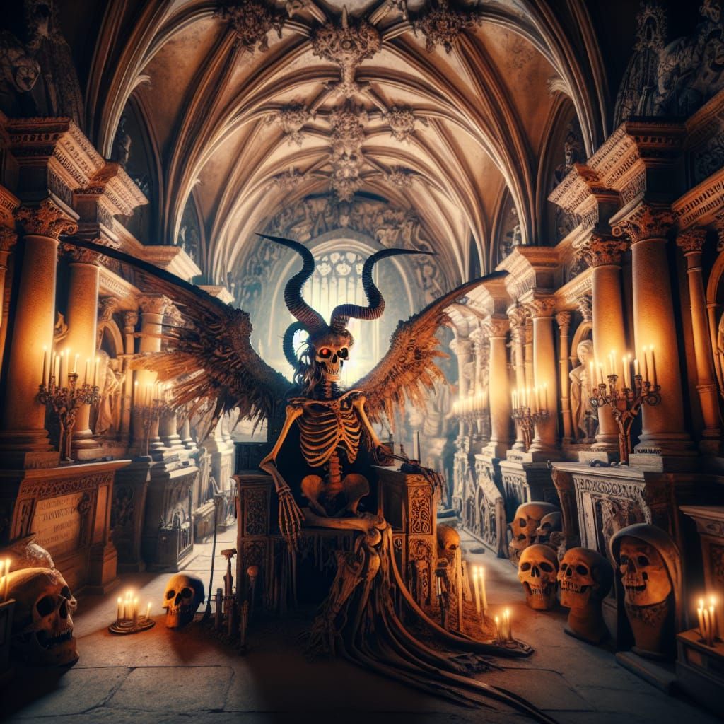 Gothic Demoness in Sedlec Ossuary: Hyperrealistic Image