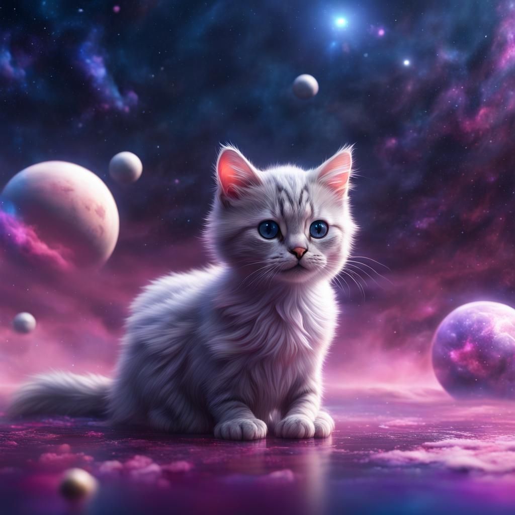 Galactic Silver Cat Floating in a Nebula