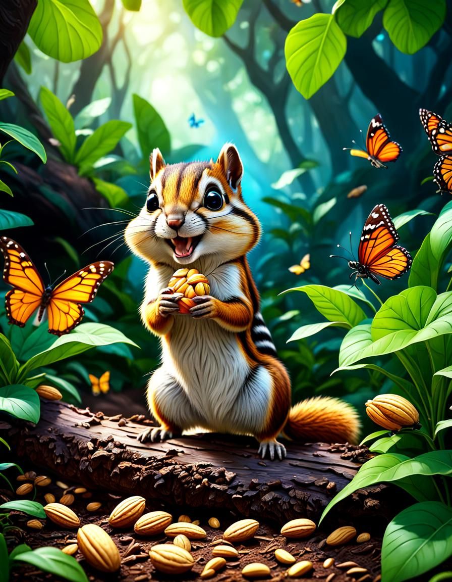 Chipmunk Feasting Amidst Butterflies: Fantasy Concept Art