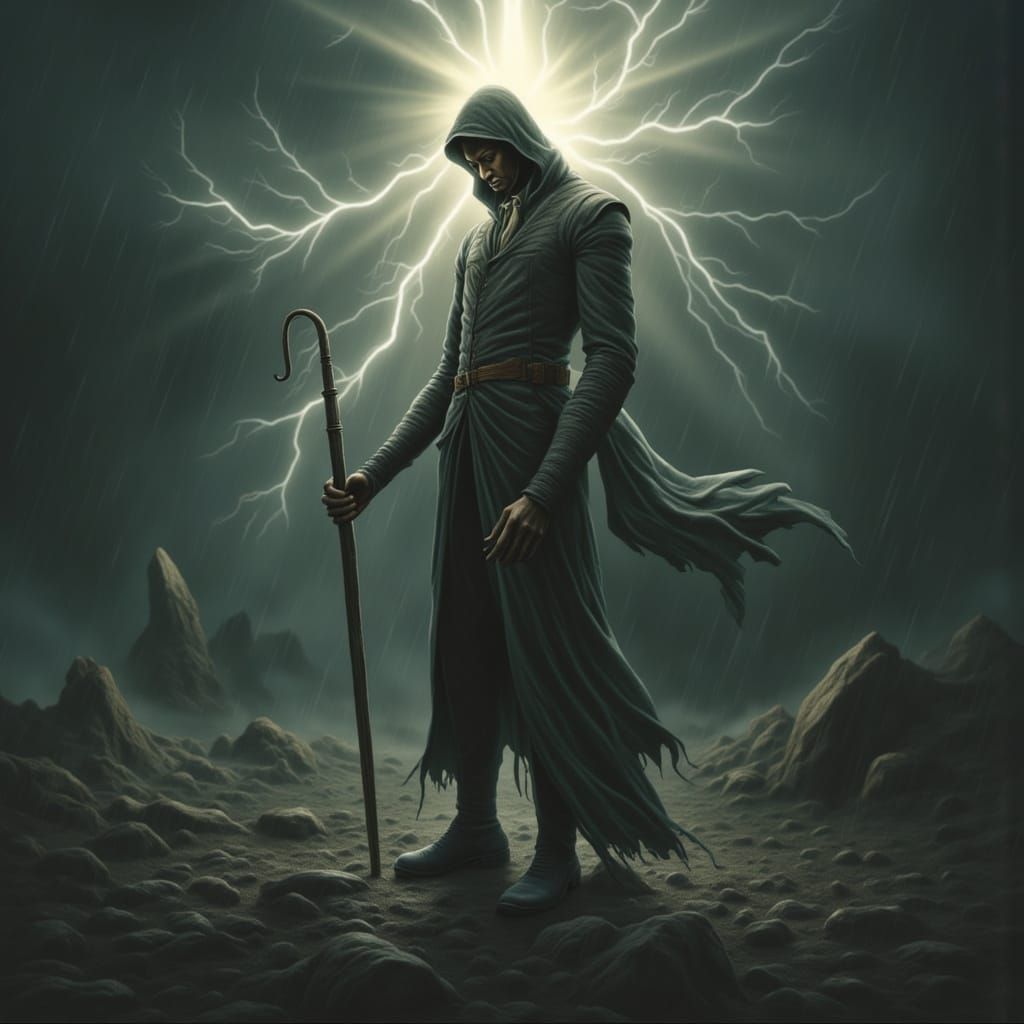 Mystical Realist Figure Illuminated by Lightning in Stormy D...