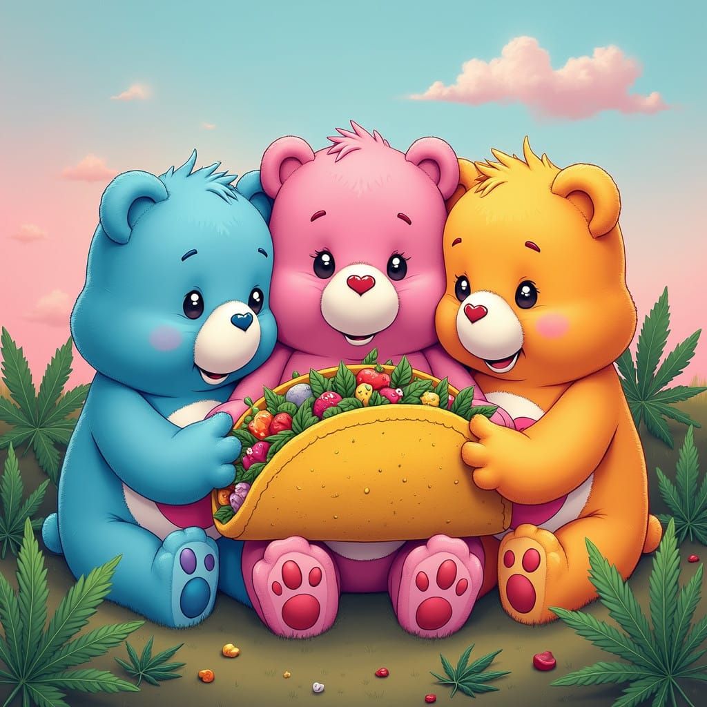 Surreal Taco Landscape with Care Bears in 80s Retro Style