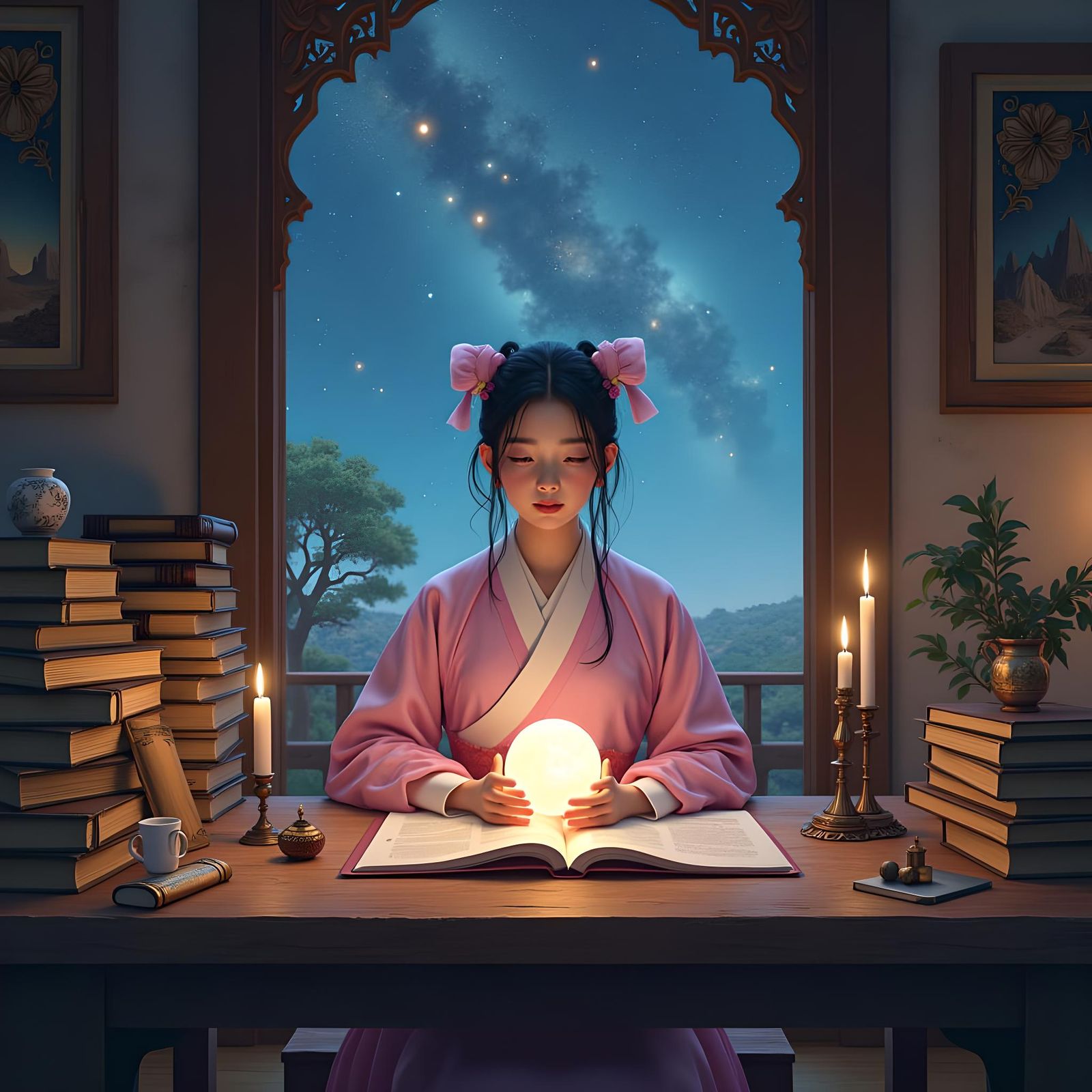 Beautiful Korean Girl Studying: Detailed Matte Painting