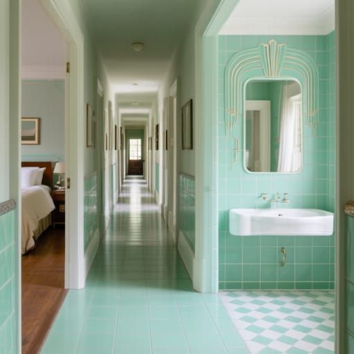 Art Deco Glamour: Mint Green Bathroom and Corridors