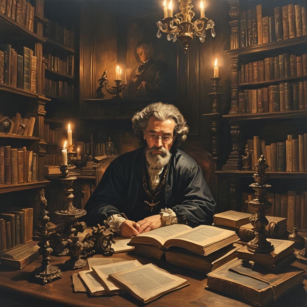 Philosopher in Study: Baroque Oil Painting