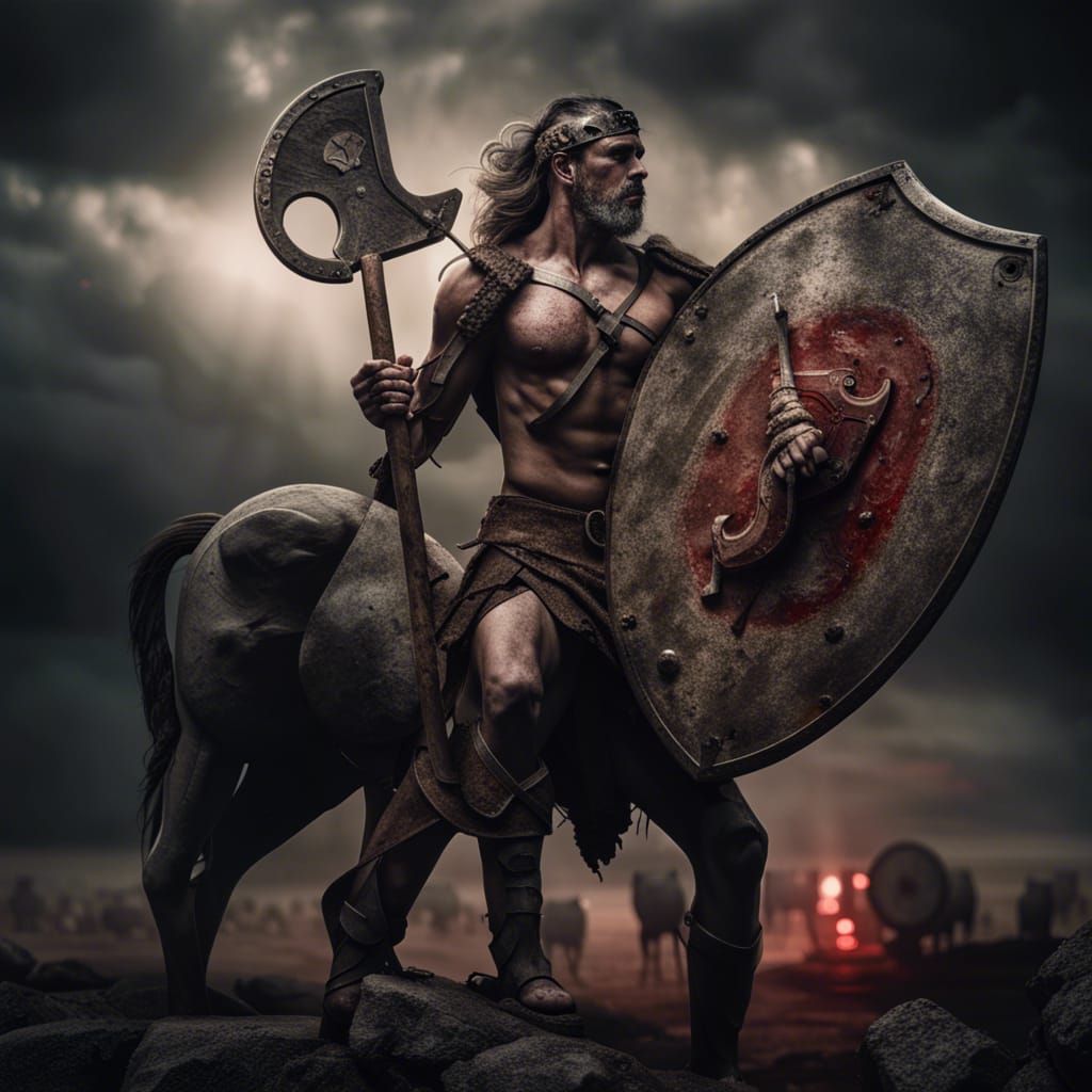 Centaur Warrior on Battlefield in Hyperrealistic Style