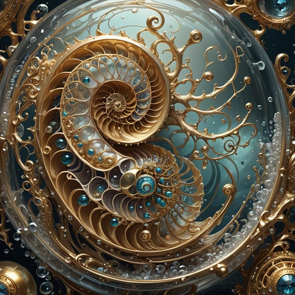 Golden Jeweled Nautilus in Crystal Orb