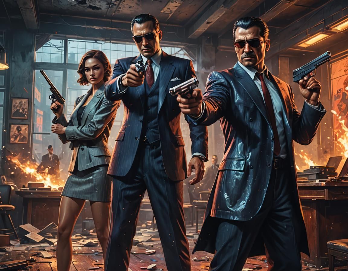 Mafia Man Protects Woman: Action Painting in Art Deco