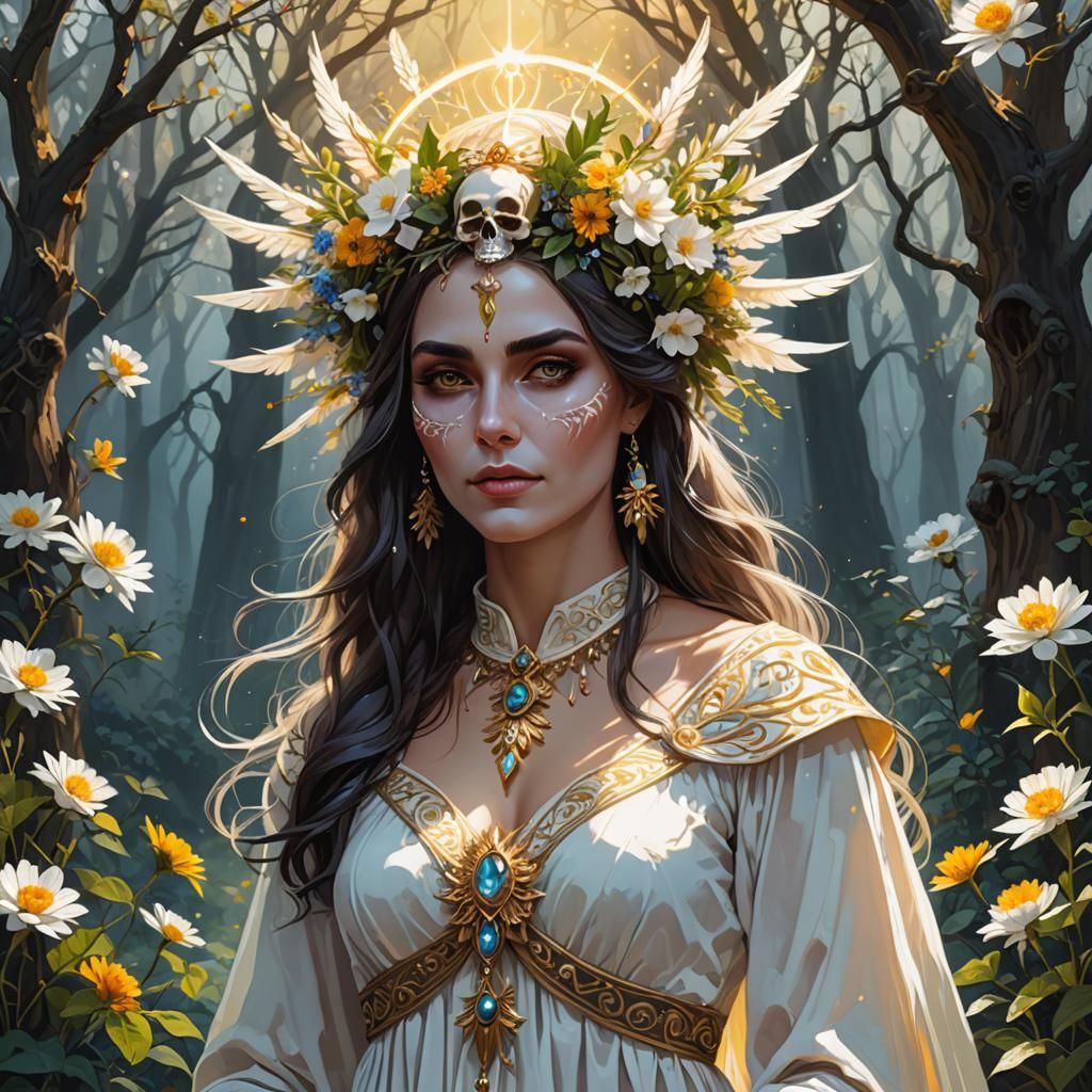 Pagan Woman Welcoming Spring: A Dark Fantasy Gouache Illustr...