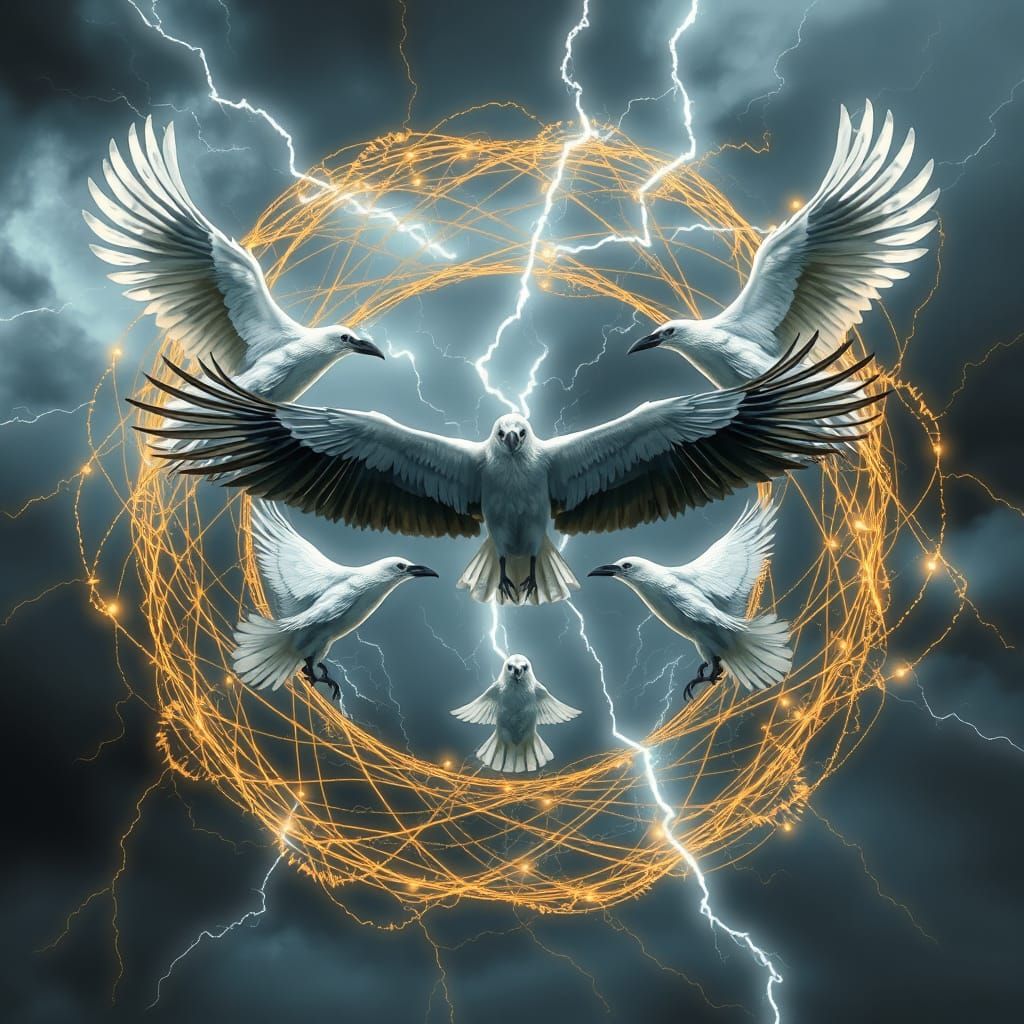 White Crows Circle in Stormy Sky with Lightning