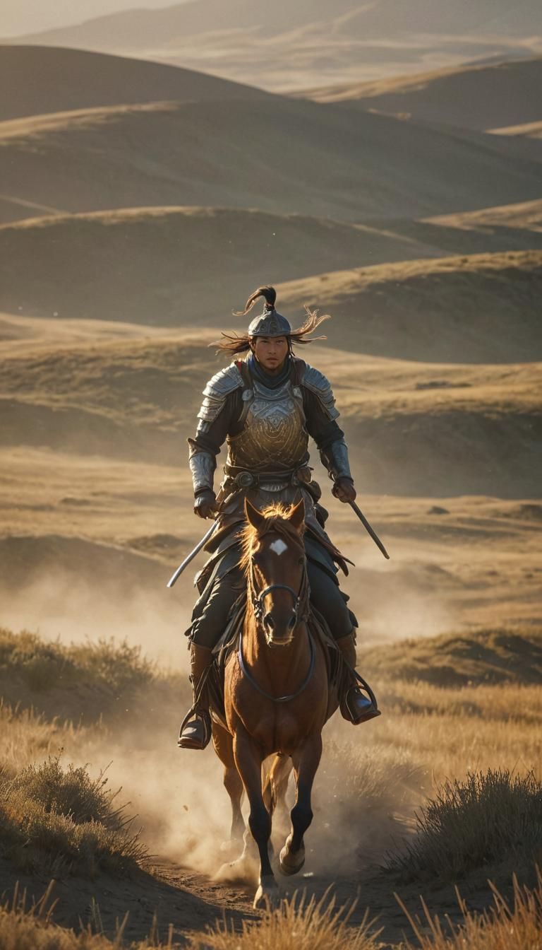 Mongolian Warrior on Horseback in Golden Light