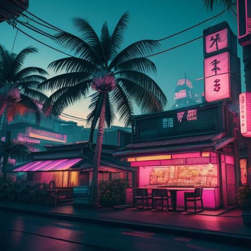 Cyberpunk Japanese Bar with Vaporwave Sunset