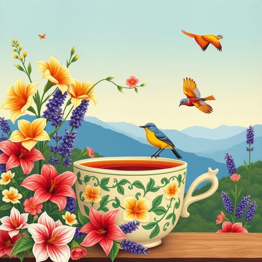 Teacup Scene with Flowers and Birds